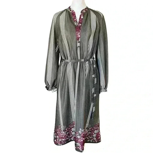 Vintage 70s Bohemian Checkaberry Grey Green Floral Long Sleeve Maxi Dress. Sz L - Picture 3 of 13